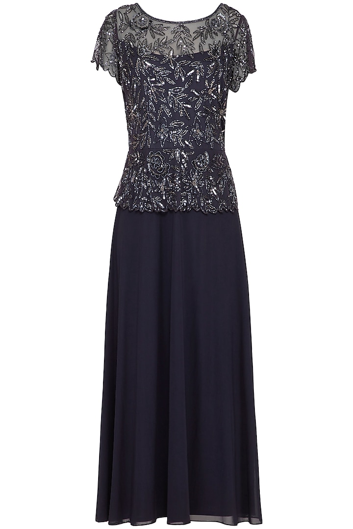 Dark Blue Embroidered Gown Design by AMIT GT at Pernia's Pop Up Shop 2023