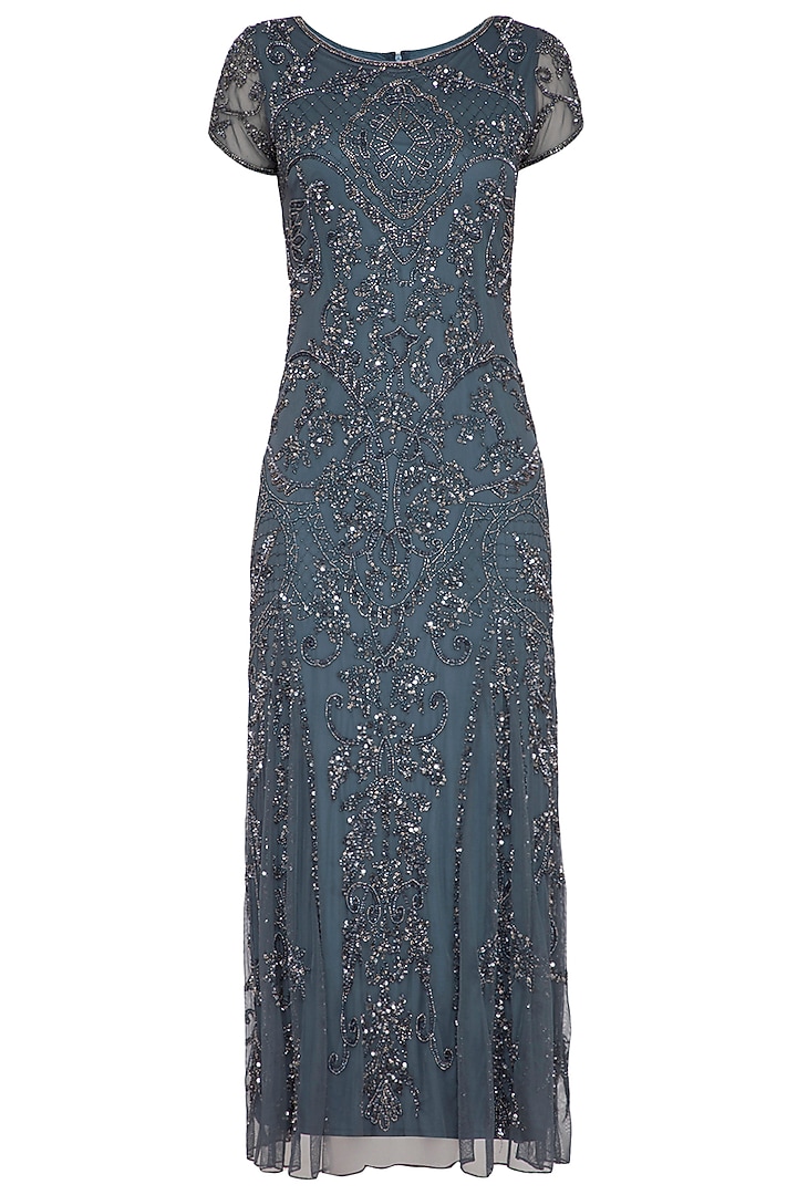 Light Grey Embroidered Gown by AMIT GT at Pernia's Pop Up Shop