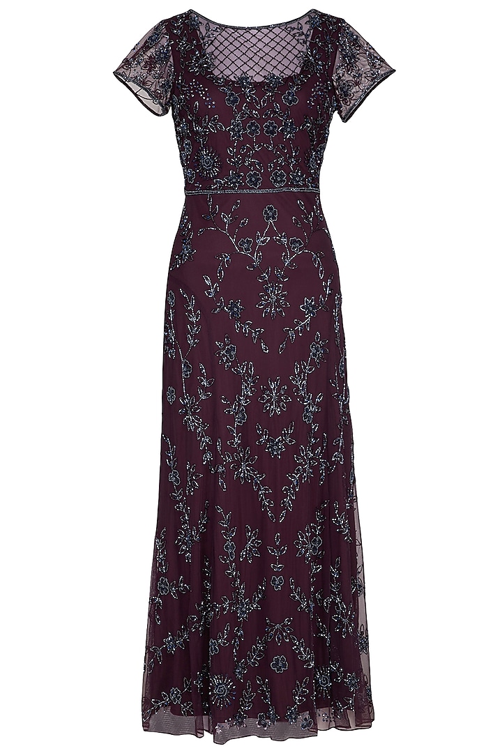 Maroon Embroidered Maxi Gown by AMIT GT