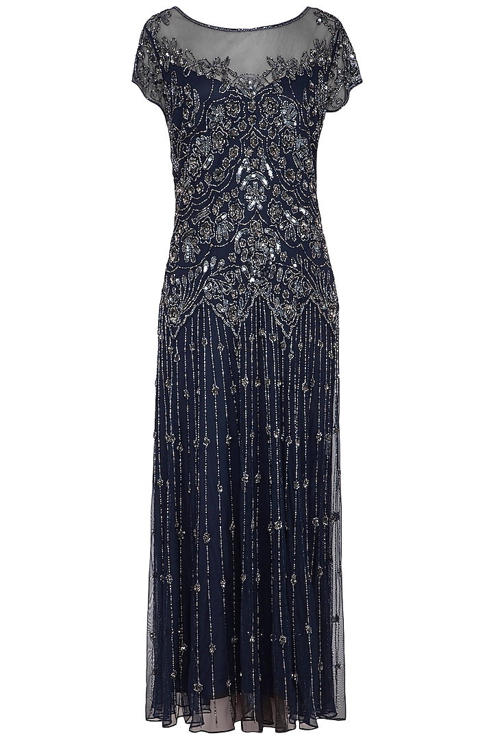 Navy Blue Embroidered Maxi Gown by AMIT GT