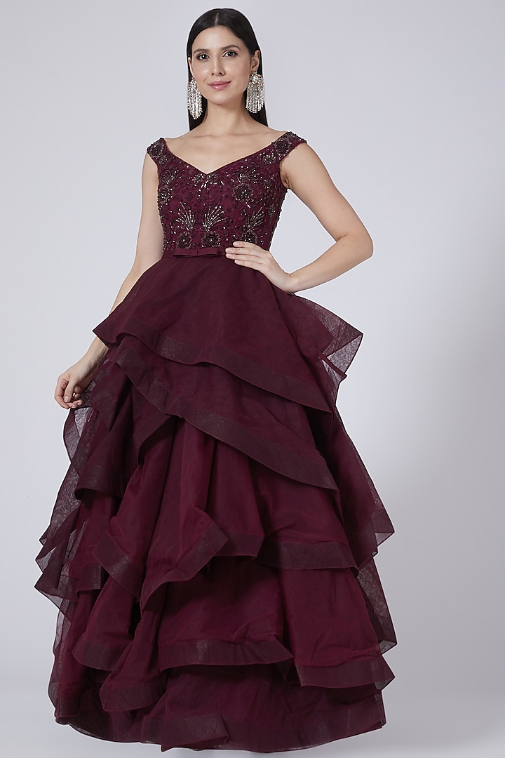Maroon Embroidered Tiered Gown by Amit GT