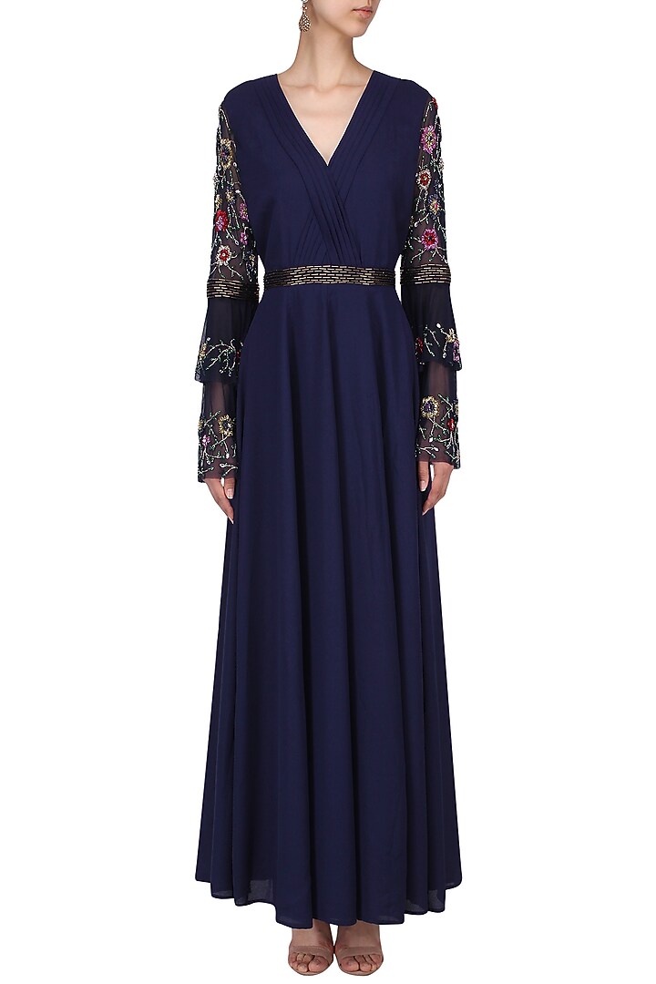 Navy Embroidered Bell Sleeves Maxi Dress available only at Pernia's Pop Up Shop.