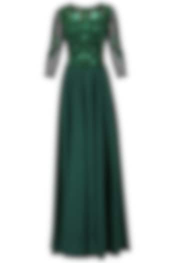 Bottle Green Baroque Embroidered Gown by AMIT GT