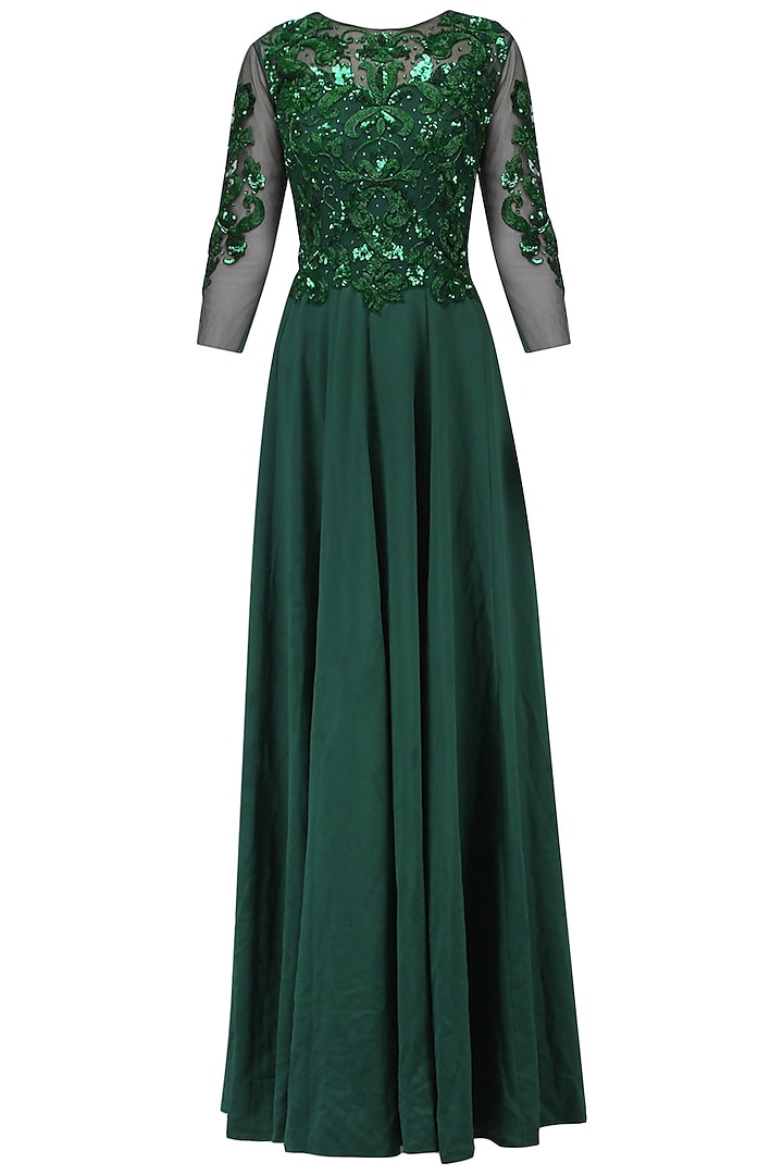 Bottle Green Baroque Embroidered Gown by AMIT GT