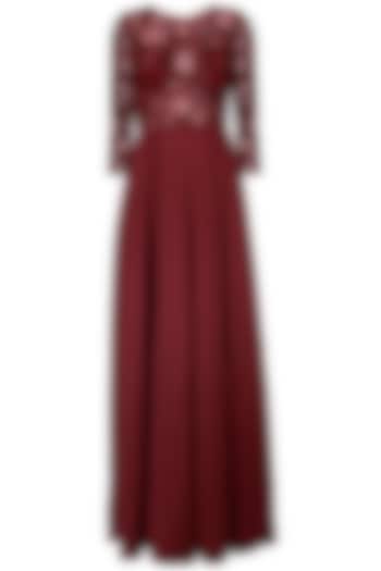 Maroon Spade Line Embroidery Gown by AMIT GT