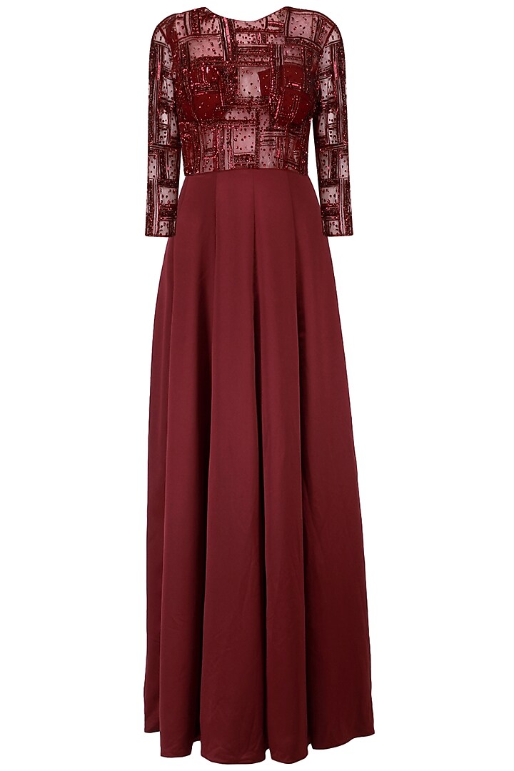Maroon Spade Line Embroidery Gown by AMIT GT