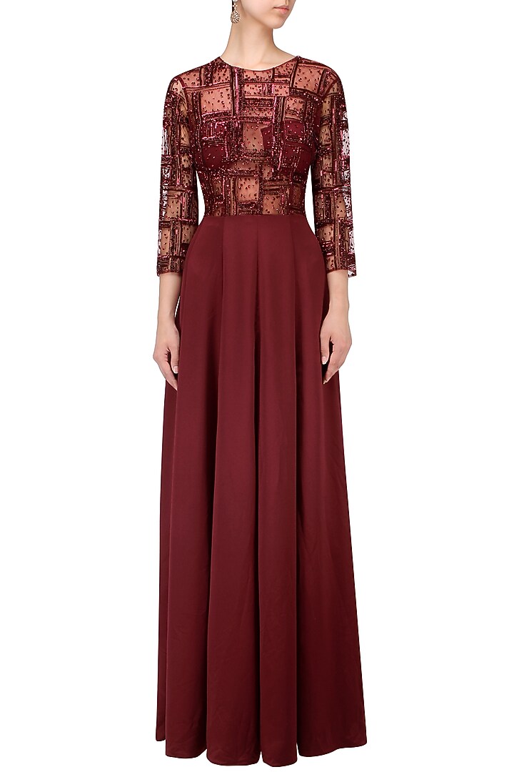 Maroon Spade Line Embroidery Gown available only at Pernia's Pop Up Shop.