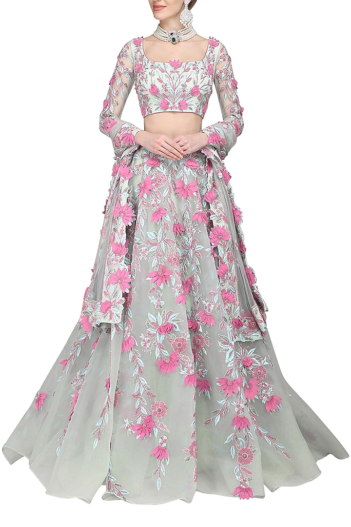 Sea green embroidered applique work lehenga set available only at Pernia's Pop Up Shop.