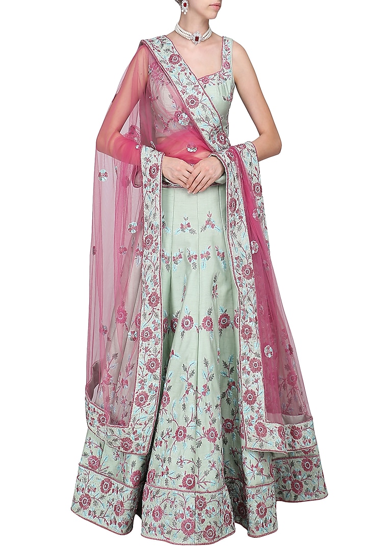 Sea green embroidered lehenga set available only at Pernia's Pop Up Shop.