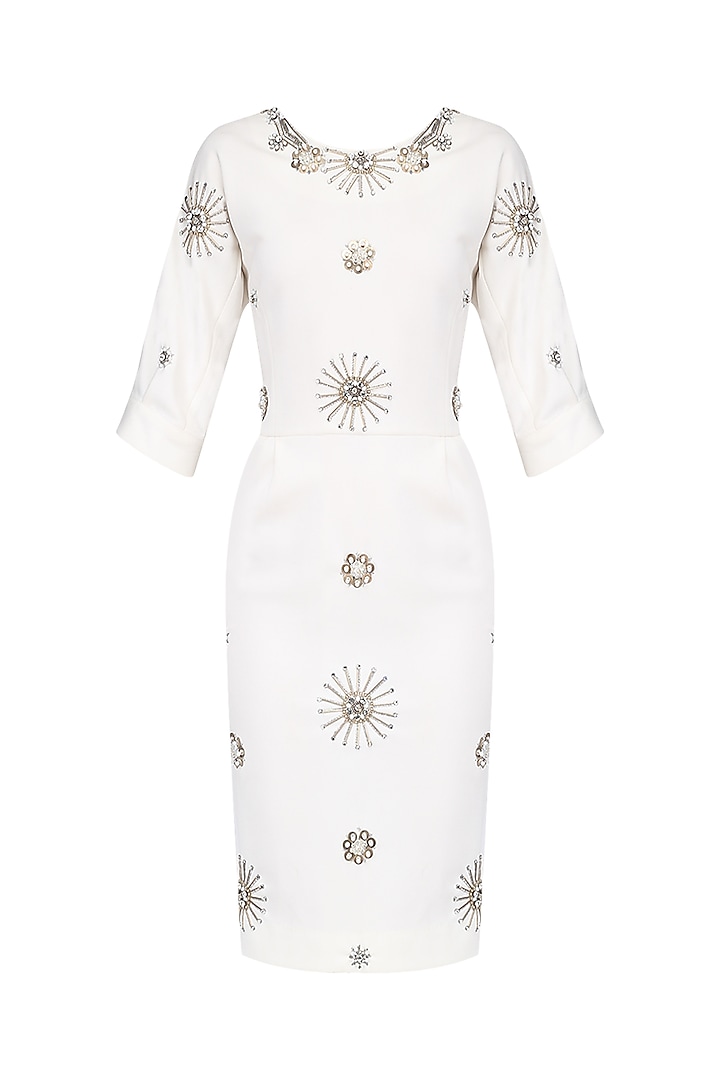 Off White Embellished Motifs Knee Length Dress by AMIT GT