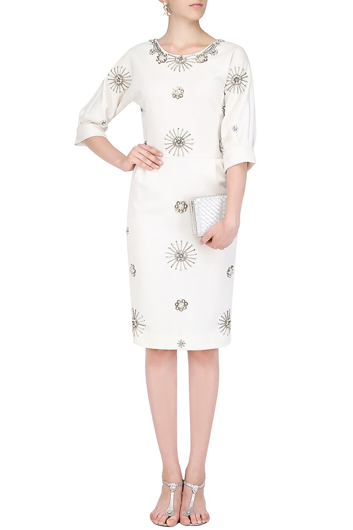 Off white embellished motifs knee length dress available only at Pernia's Pop Up Shop.