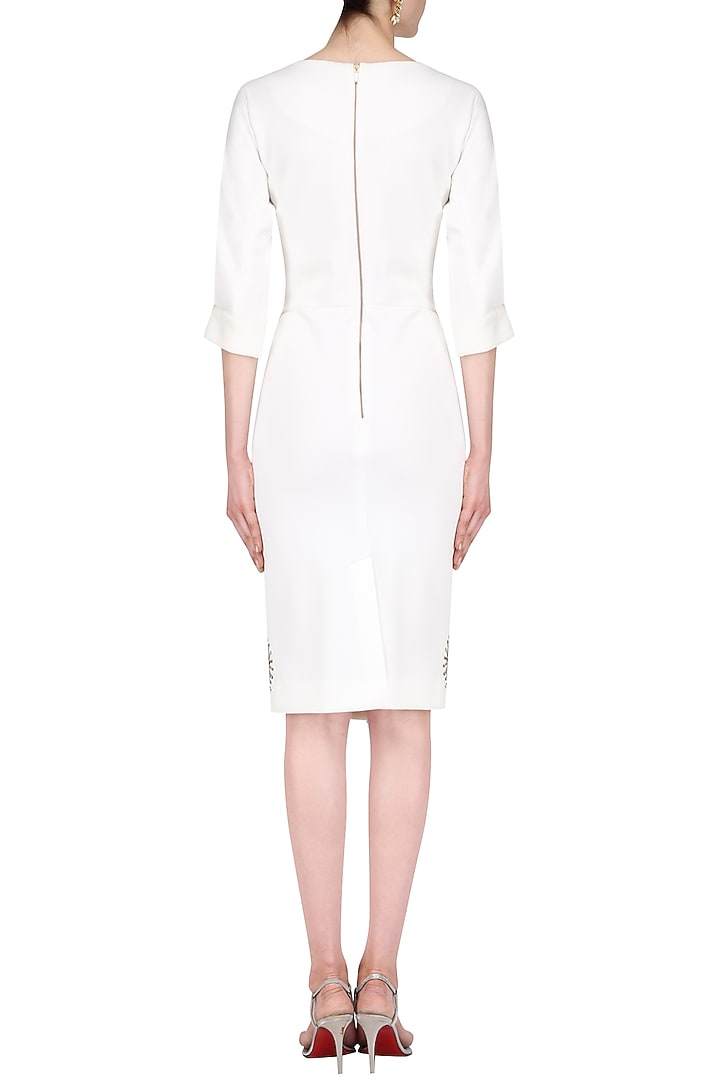 Off white embellished motifs knee length dress available only at Pernia's Pop Up Shop.