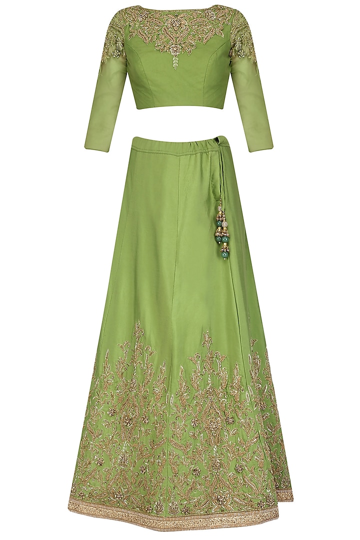Green and Gold Embroidered Lehenga Set by AMIT GT