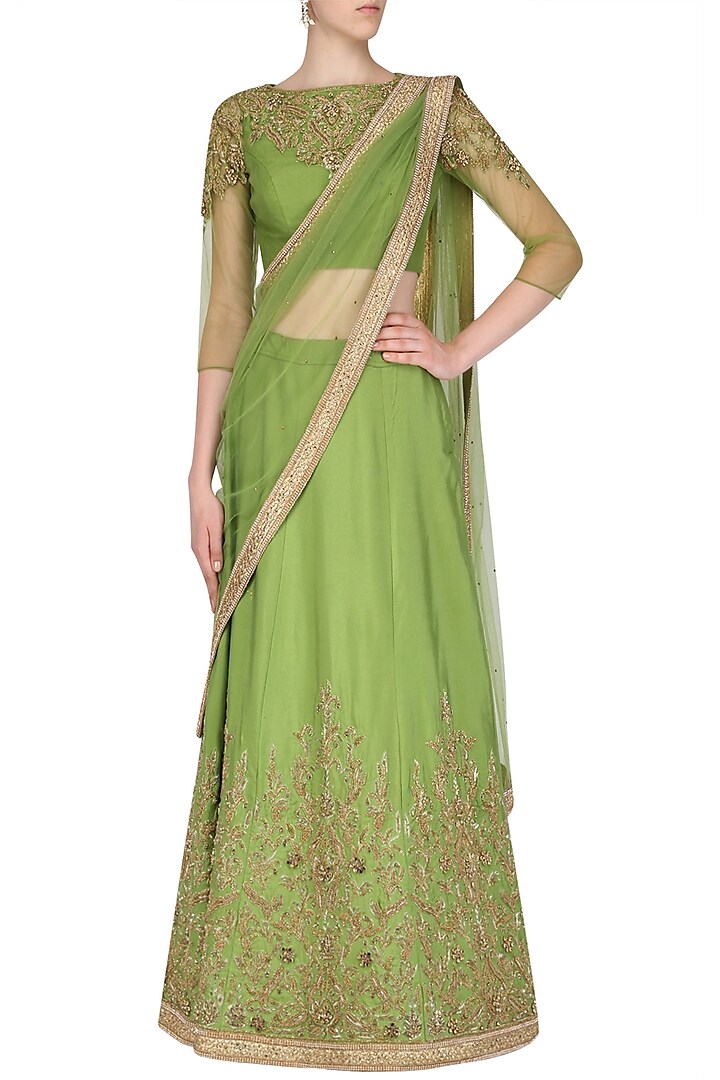 Green and gold embroidered lehenga set available only at Pernia's Pop ...