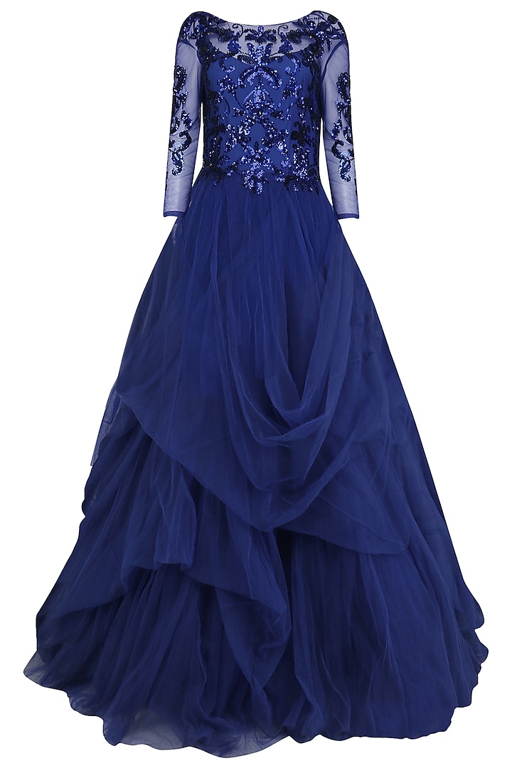 Persian Blue Embroidered Ball Gown by AMIT GT