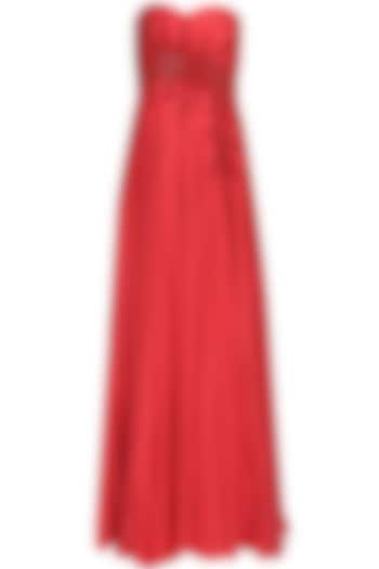 Bright red crystal embellished flared trail gown by AMIT GT