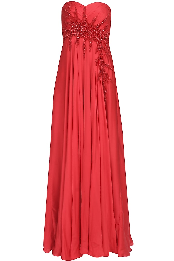 Bright red crystal embellished flared trail gown by AMIT GT