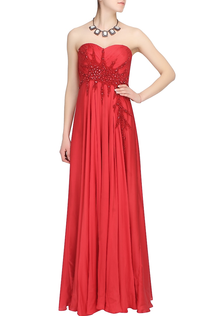 Bright red crystal embellished flared trail gown available only at Pernia's Pop Up Shop.