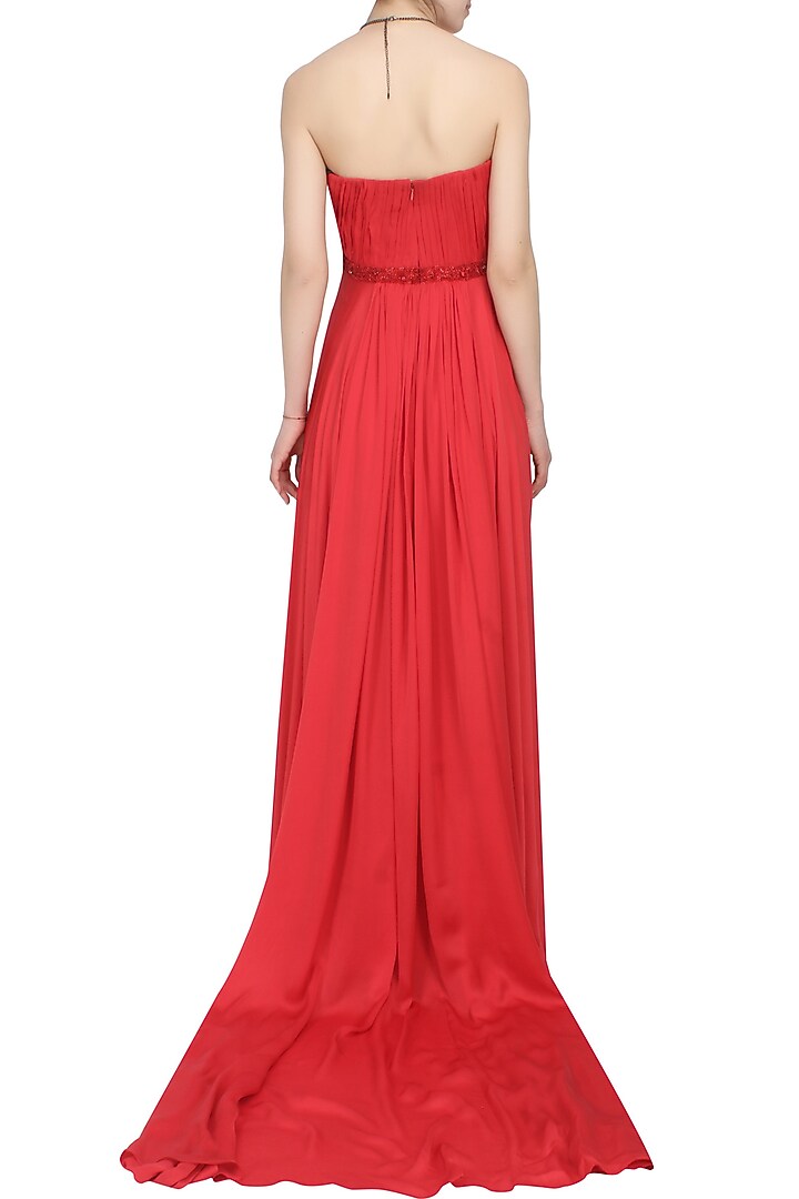 Bright red crystal embellished flared trail gown available only at Pernia's Pop Up Shop.