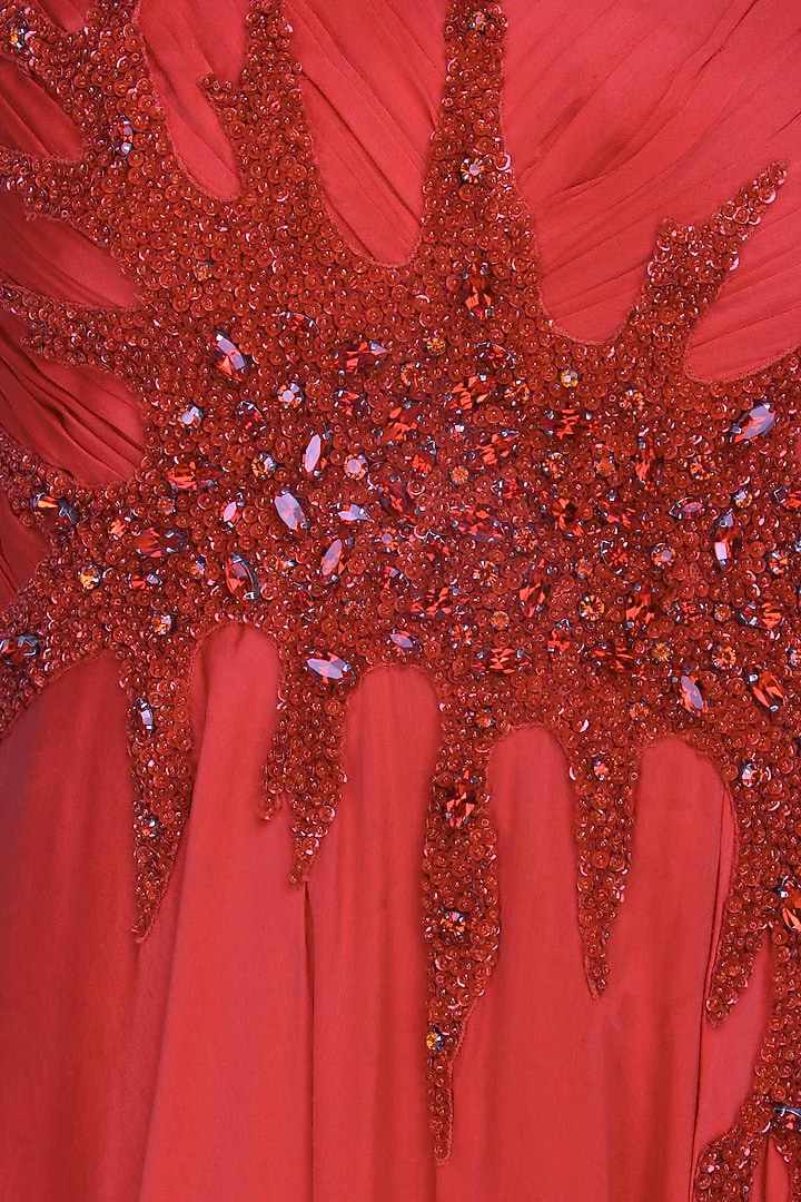 Bright red crystal embellished flared trail gown available only at Pernia's Pop Up Shop.