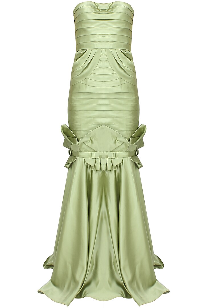 Green pleated bowtie mermaid gown by AMIT GT