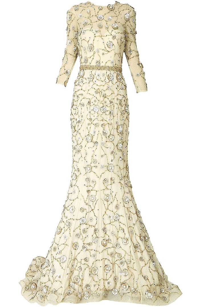 Cream filigree inspired floral embroidered gown by AMIT GT