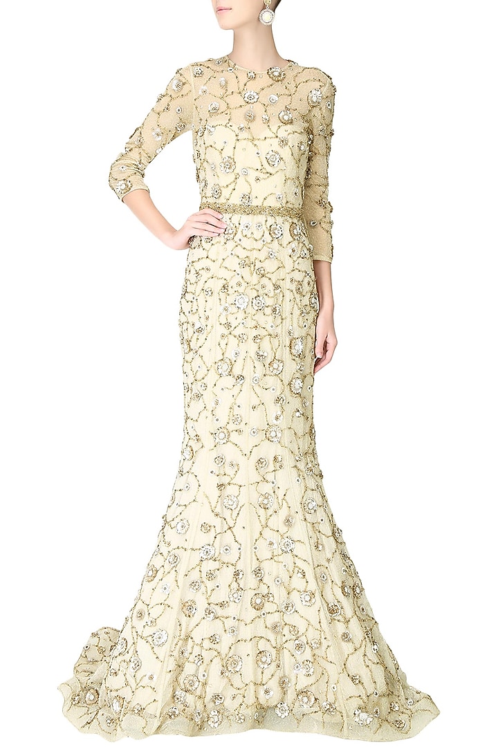 Cream filigree inspired floral embroidered gown available only at Pernia's Pop Up Shop.