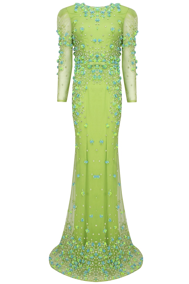 Peridot green 3D floral embroidered flared gown by AMIT GT