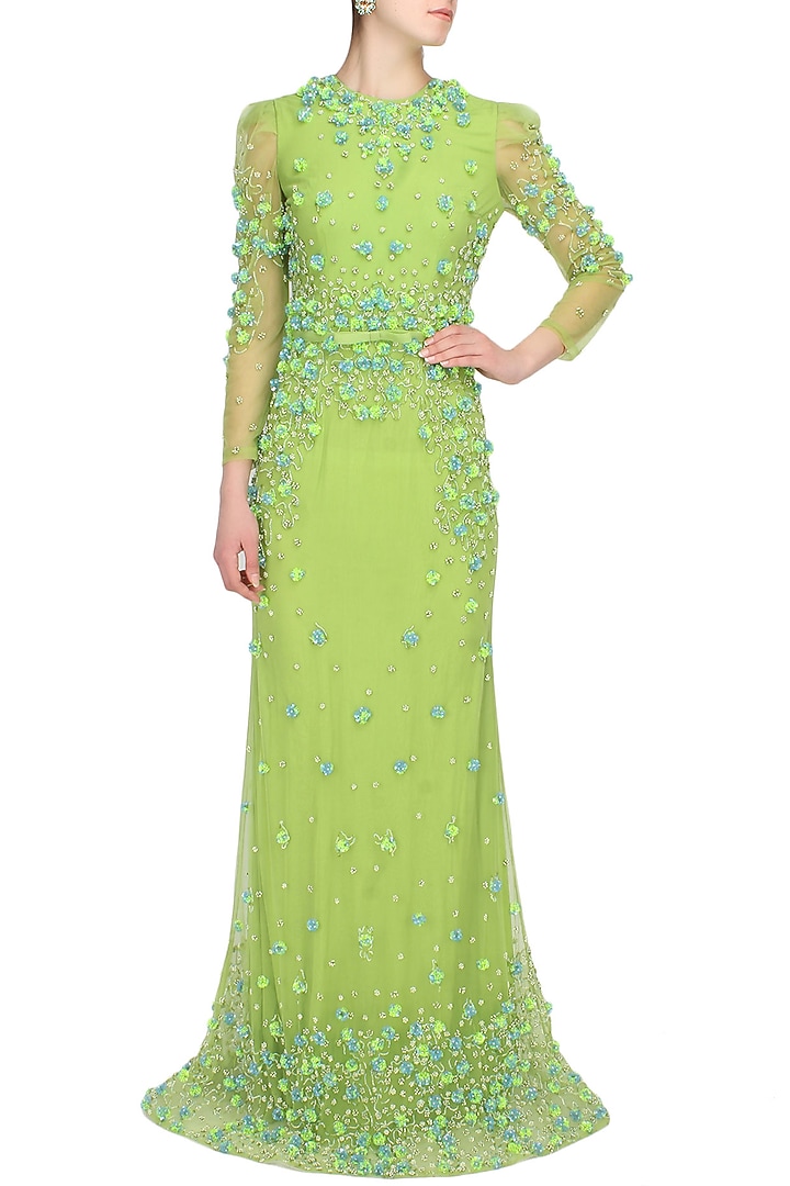 Peridot green 3D floral embroidered flared gown available only at Pernia's Pop Up Shop.