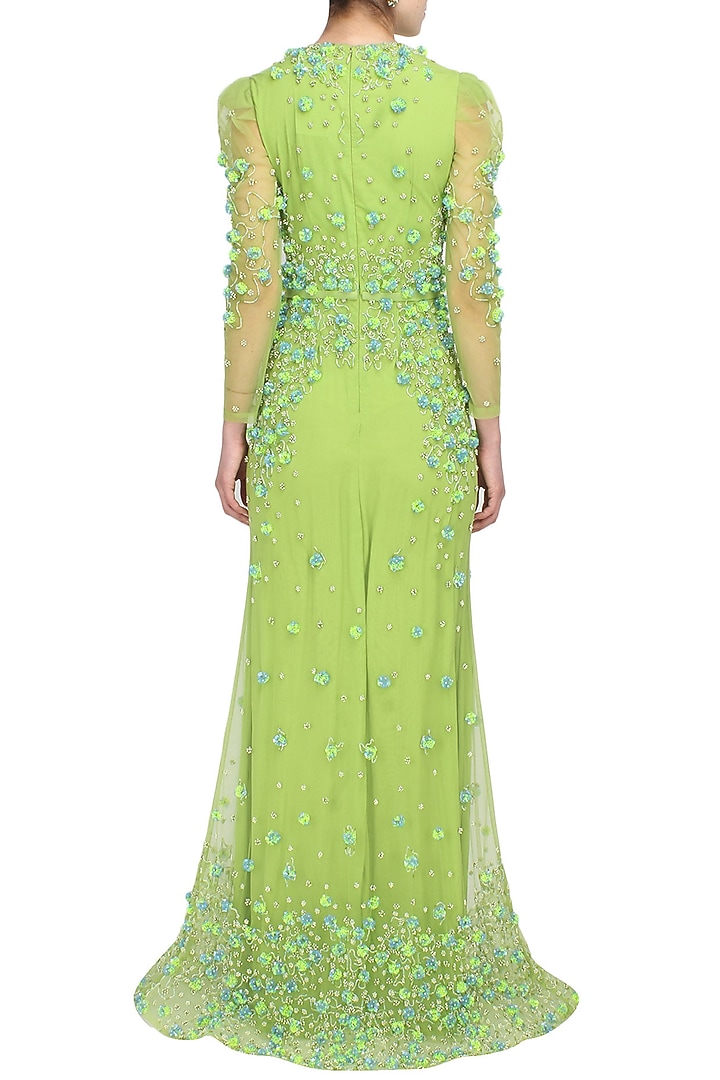 Peridot green 3D floral embroidered flared gown available only at Pernia's Pop Up Shop.