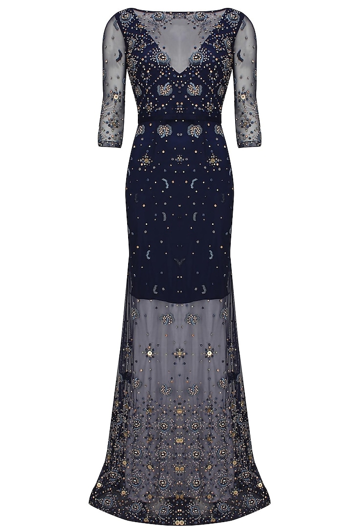 Navy blue beads and sequins embellished flared gown by AMIT GT