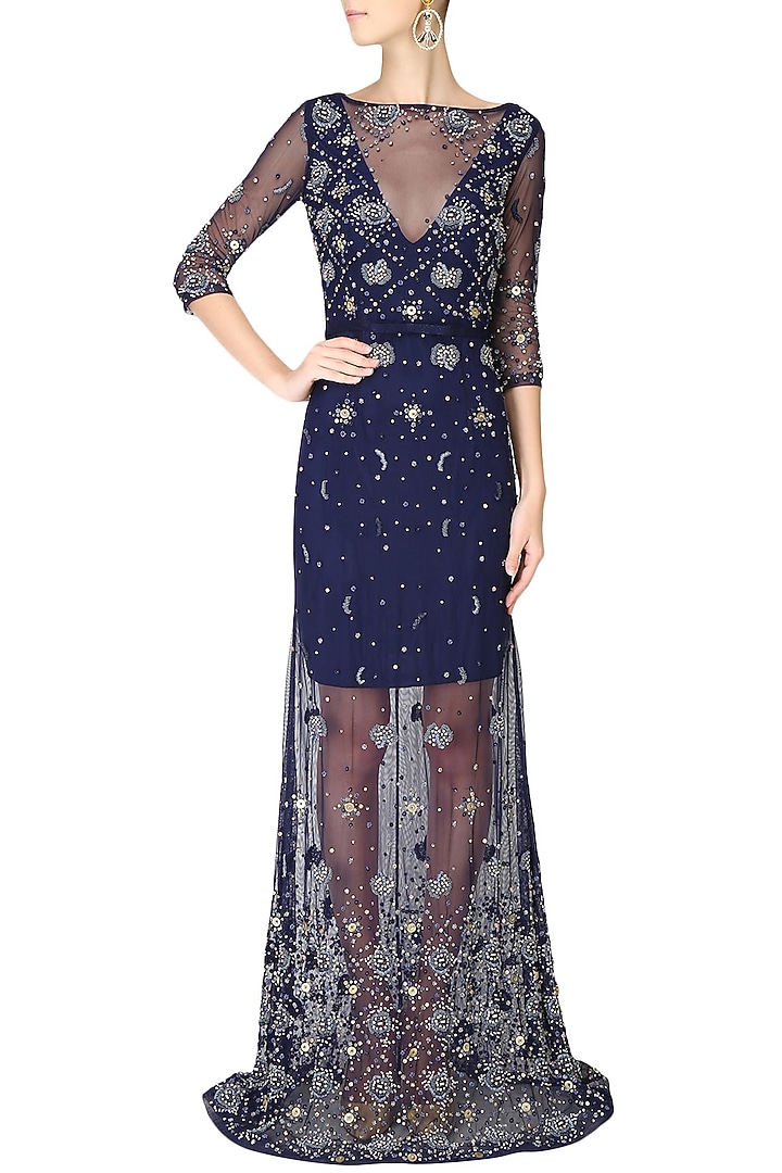 Navy blue beads and sequins embellished flared gown available only at Pernia's Pop Up Shop.