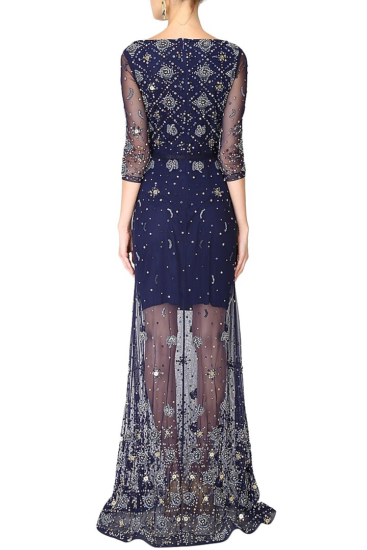 Navy blue beads and sequins embellished flared gown available only at Pernia's Pop Up Shop.