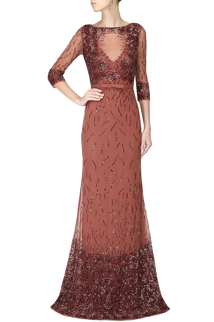Mahogany sequins embroidered rose motifs gown available only at Pernia's Pop Up Shop.