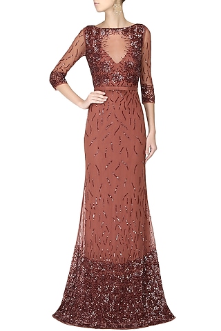 Mahogany sequins embroidered rose motifs gown by AMIT GT