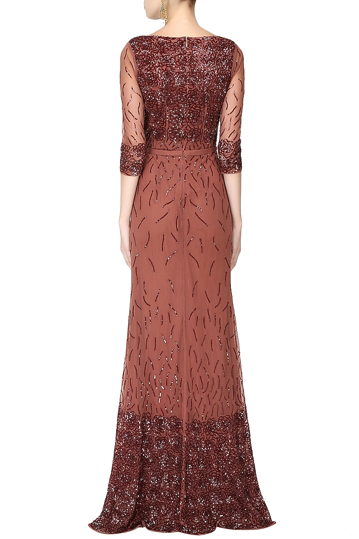 Mahogany sequins embroidered rose motifs gown available only at Pernia's Pop Up Shop.