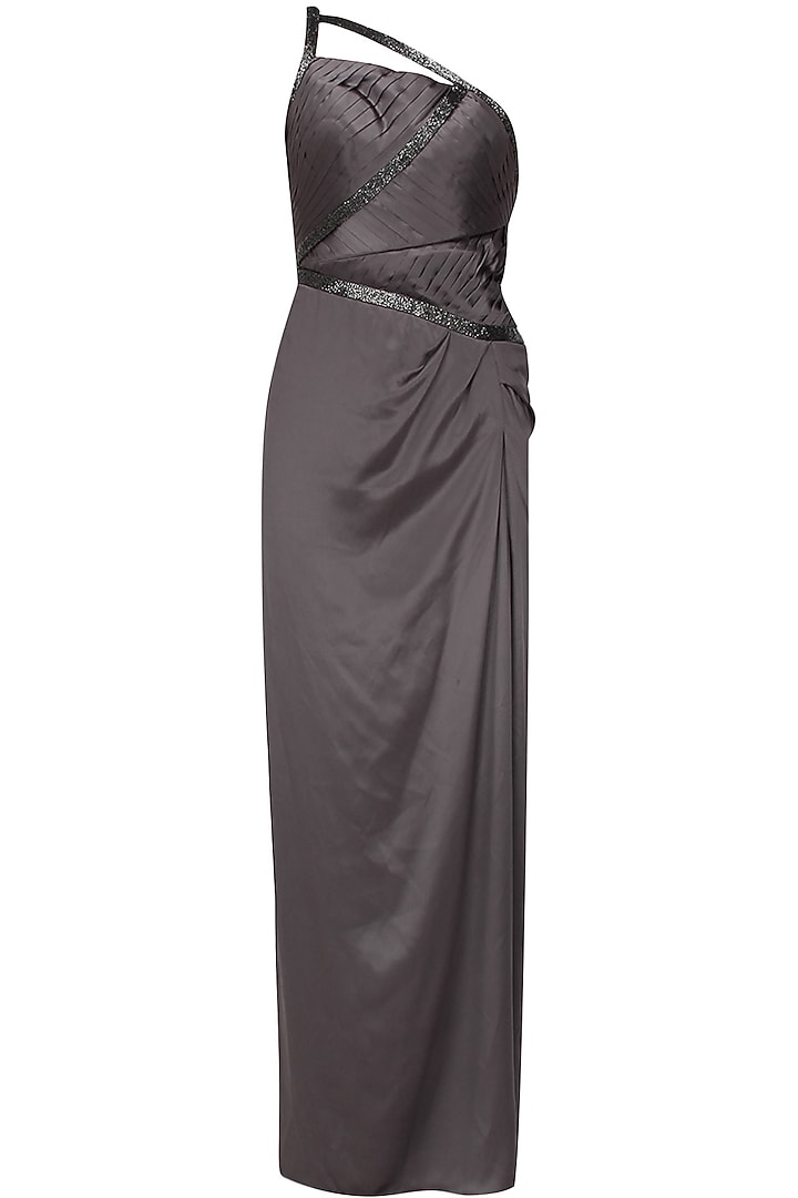 Drak grey cutdana embellished one shoulder gown available only at Pernia's Pop Up Shop.