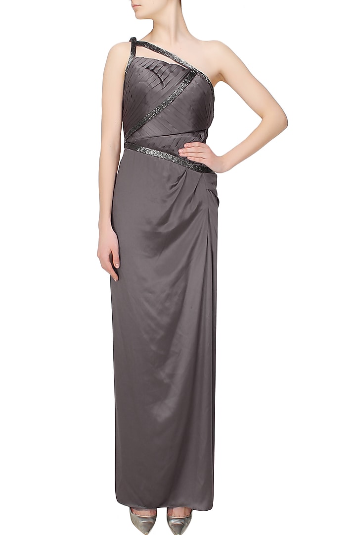 Drak grey cutdana embellished one shoulder gown available only at Pernia's Pop Up Shop.