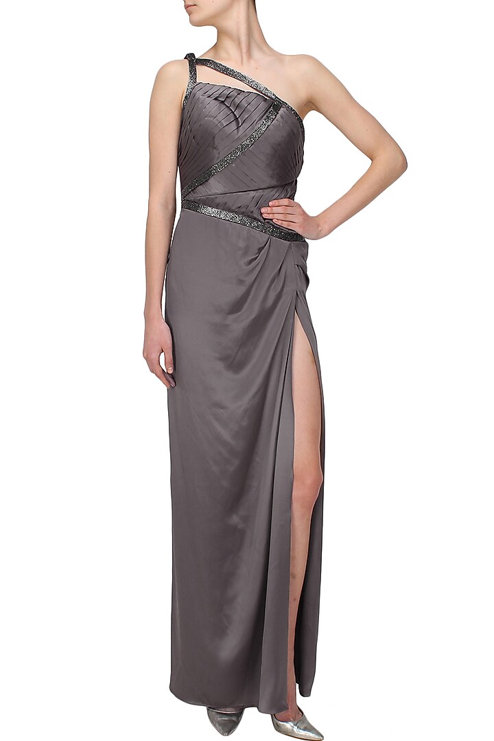 Drak grey cutdana embellished one shoulder gown available only at Pernia's Pop Up Shop.