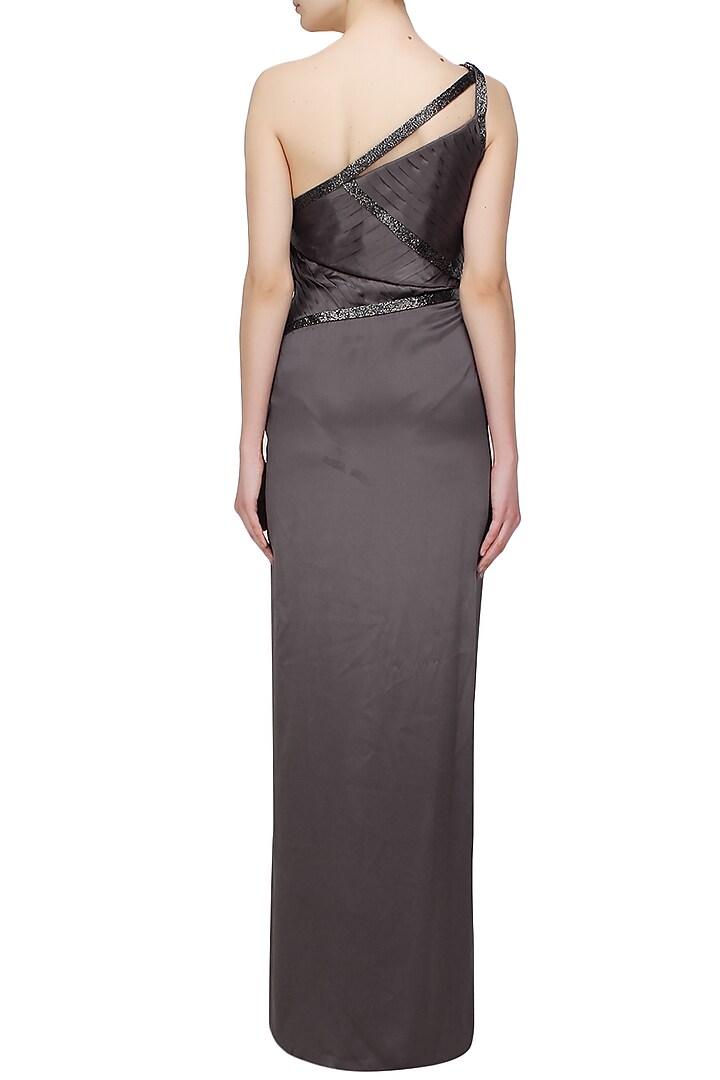 Drak grey cutdana embellished one shoulder gown available only at Pernia's Pop Up Shop.