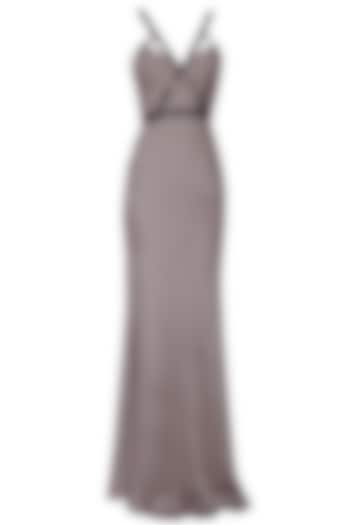 Light grey pleated cutdana embellished short trail gown by AMIT GT
