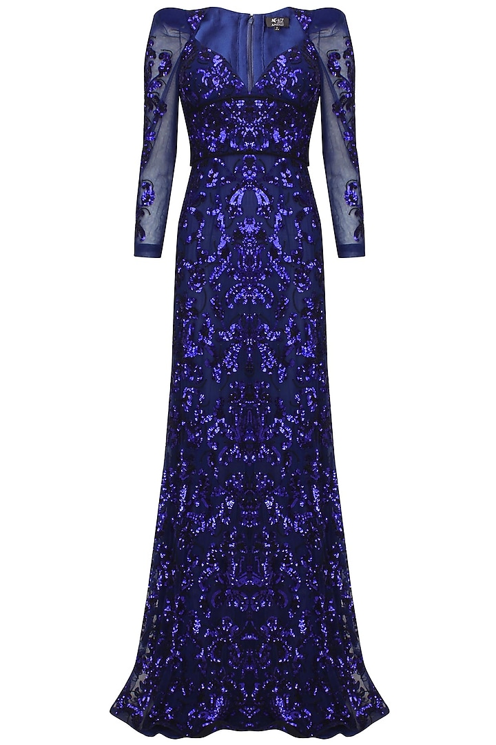Blue sequins embriodered floor length gown by AMIT GT