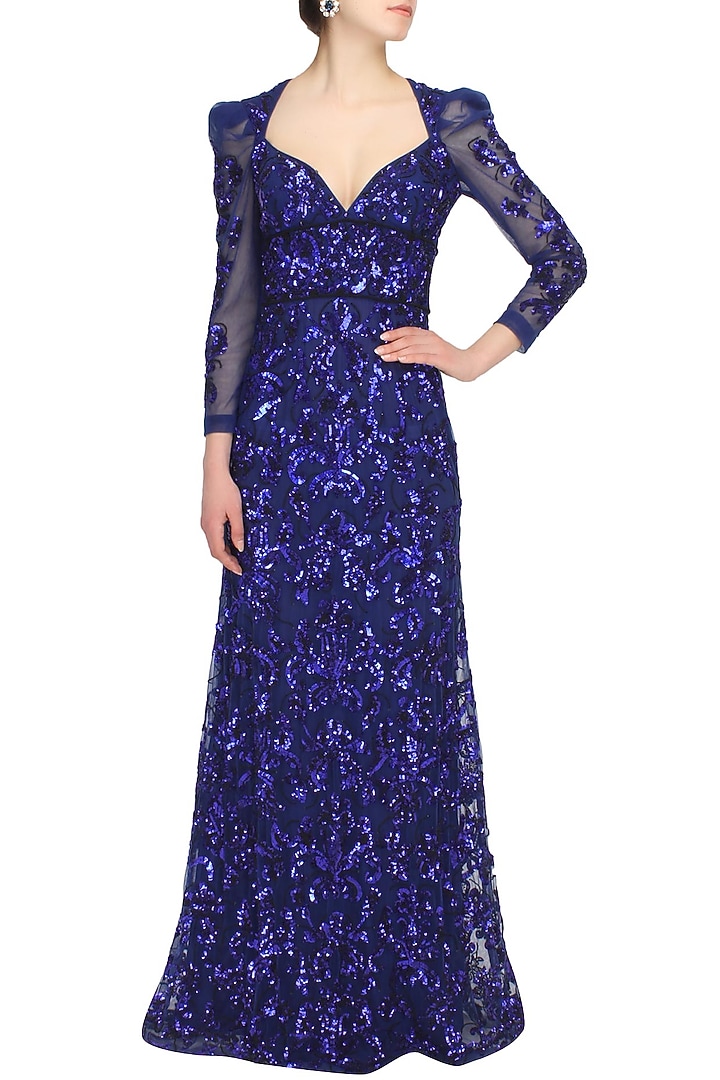 Blue sequins embriodered floor length gown available only at Pernia's Pop Up Shop.