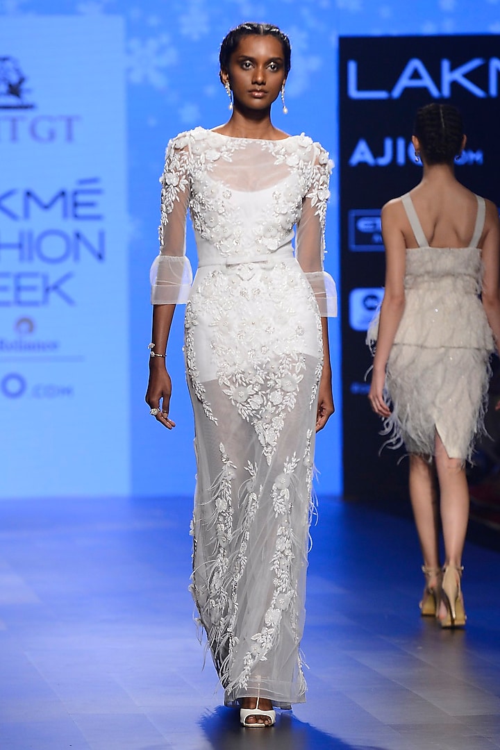 Off White 3D Applique Work Gown by AMIT GT