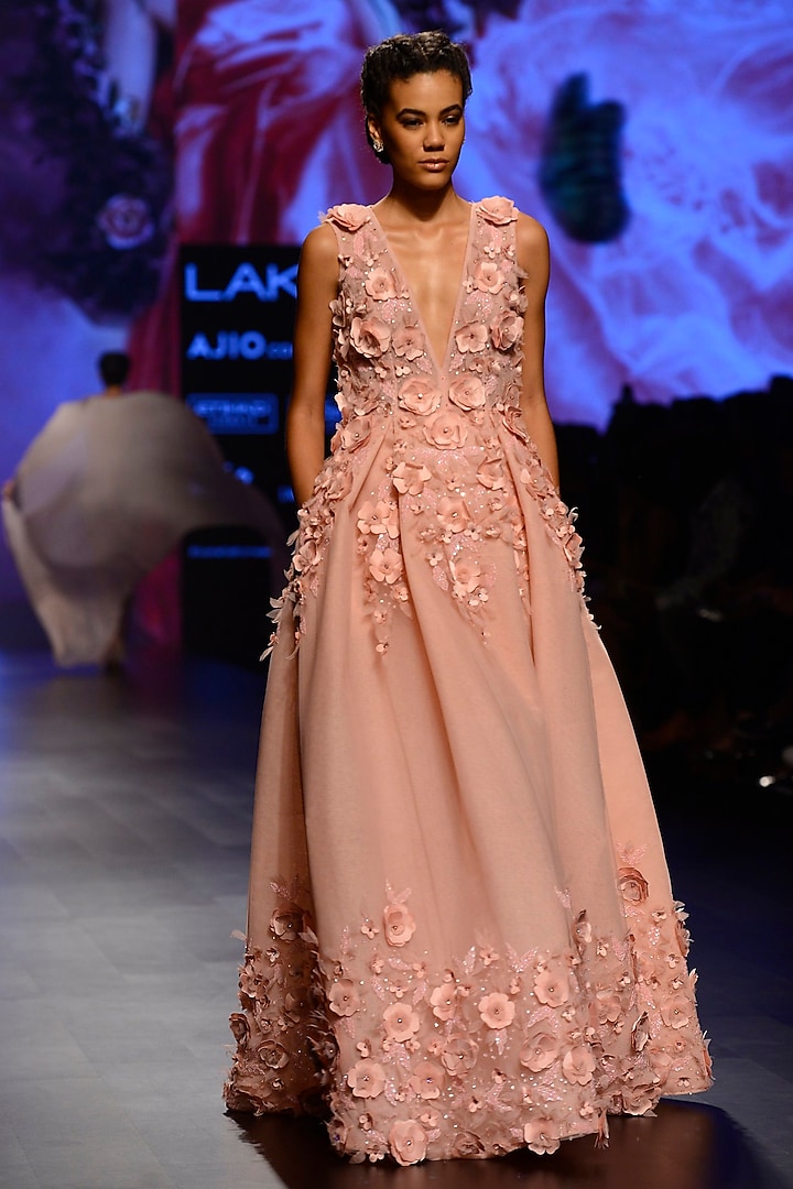 Powder Pink 3D Floral Applique Work Gown by AMIT GT