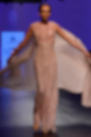 Powder pink 3D floral work cape saree gown available only at Pernia's Pop Up Shop