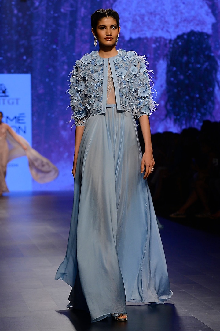 Powder Blue 3D Embroidered Gown with Jacket by AMIT GT
