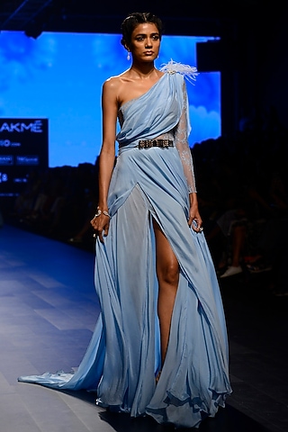 Blue Floral Embroidered Saree Gown by AMIT GT