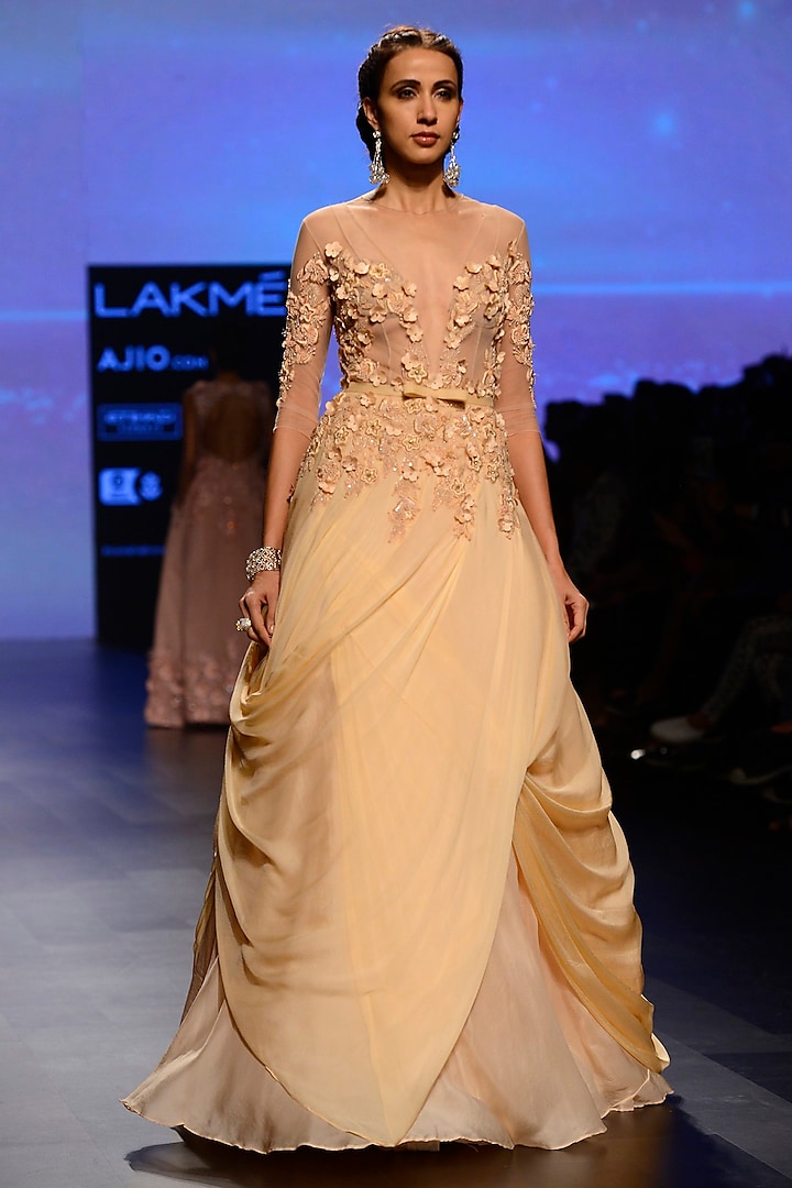 Peach Floral Embroidered Pleated Drape Gown by AMIT GT