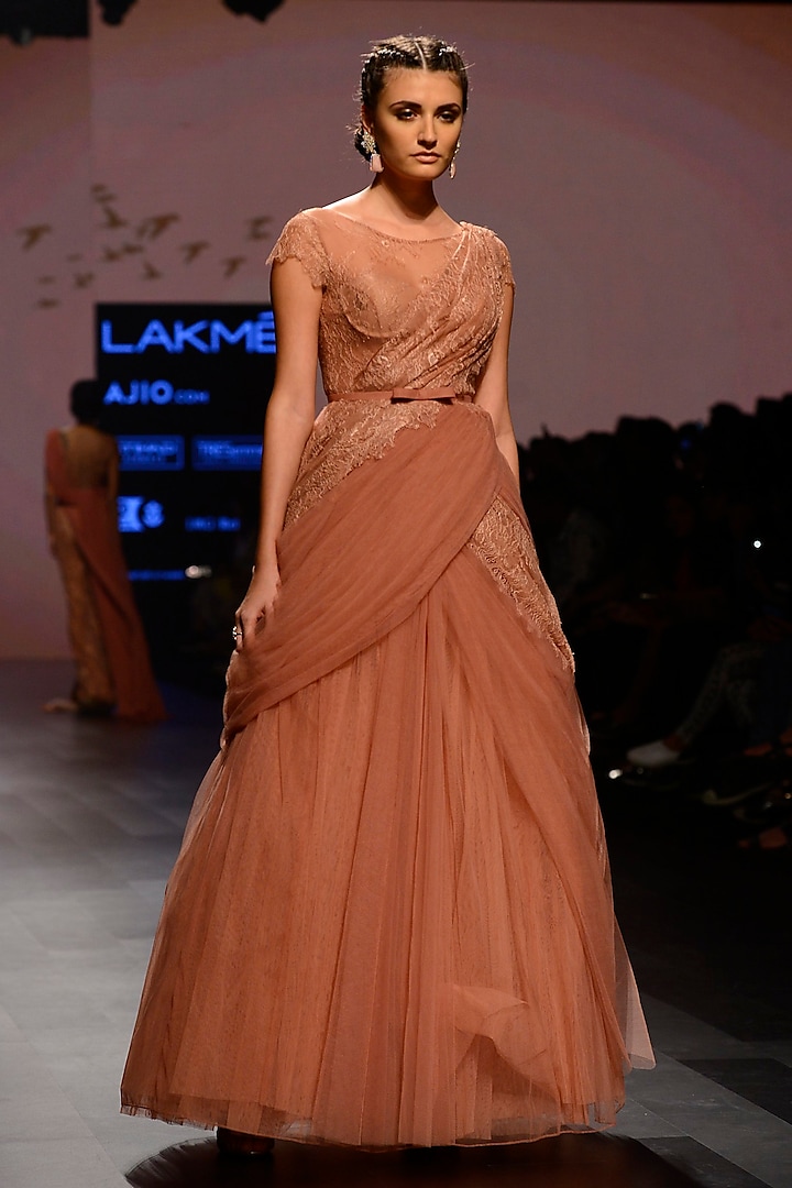 Coral Floral Embroidered Drape Gown by AMIT GT